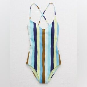 Aerie Ribbed Striped Strappy Back One Piece Swimsuit Like New XXL